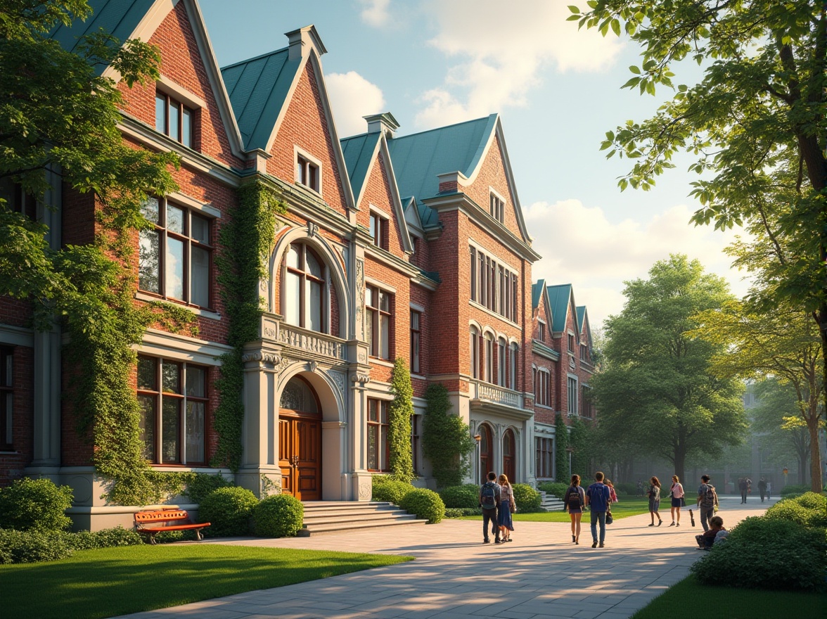 Prompt: Modern university building, regionalism style, red brick walls, white stone pillars, green roof, wooden doors, stained glass windows, intricate carvings, ivy-covered facade, lush greenery surroundings, walking paths, benches, students walking and chatting, warm afternoon sunlight, soft shadows, 3/4 composition, shallow depth of field, vibrant colors, realistic textures.