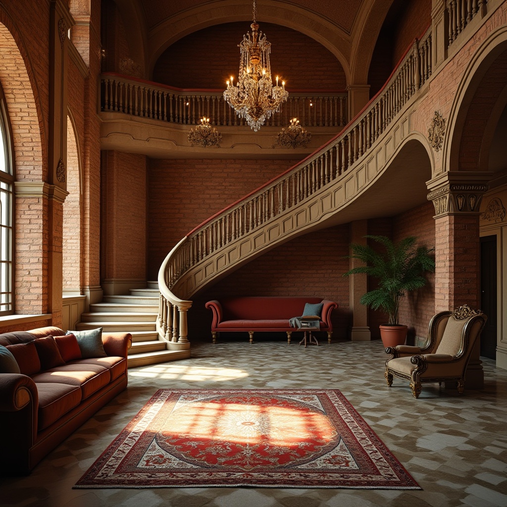 Prompt: Renaissance hotel lobby, grand staircase, brick wall, earthy tone, warm lighting, luxurious chandelier, ornate furniture, velvet sofa, wooden armchair, marble floor, intricate rug, golden decorations, subtle pattern, elegant arches, columns, Renaissance-style architecture, afternoon sunbeam, dramatic shadows, low-angle shot, symmetrical composition, warm color palette, high-quality texture, detailed brick structure.