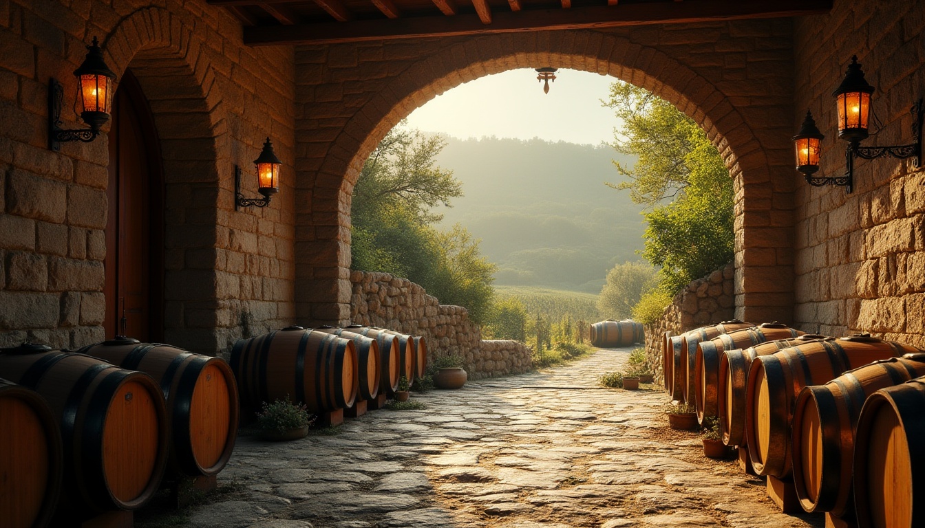 Prompt: Rustic winery, granite material, stone walls, wooden barrels, dim warm lighting, intimate atmosphere, vineyard surroundings, rolling hills, lush greenery, ancient trees, medieval-inspired architecture, stone-carved doorways, heavy wooden doors, metal lanterns, soft golden light, afternoon ambiance, misty fog, cinematic composition, 3/4 view, shallow depth of field.