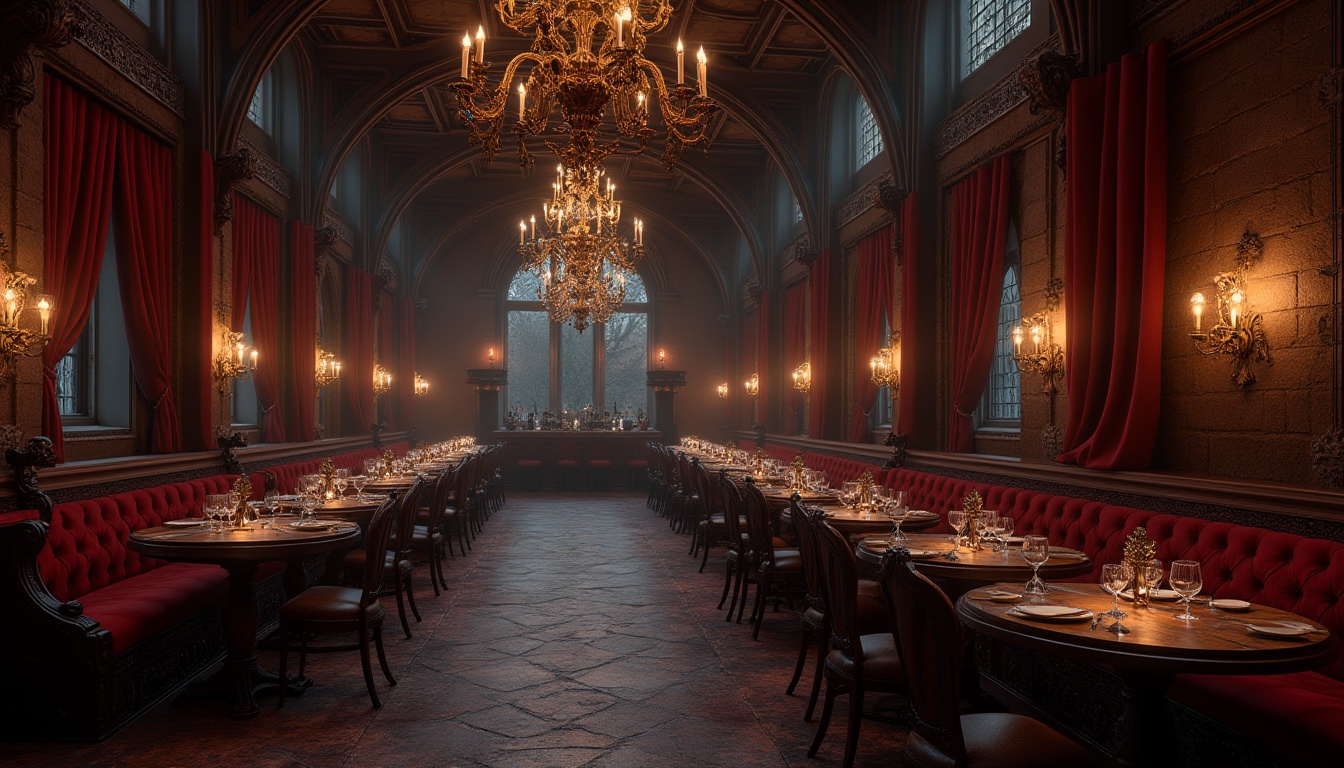 Prompt: Gothic style restaurant, dark mysterious atmosphere, grand chandeliers, velvet drapes, ornate wooden tables, intricately carved chairs, luxurious crimson sofas, heavy iron candelabras, stone walls, medieval-inspired decorations, mystical ambiance, dim warm lighting, rich textures, lavish furnishings.