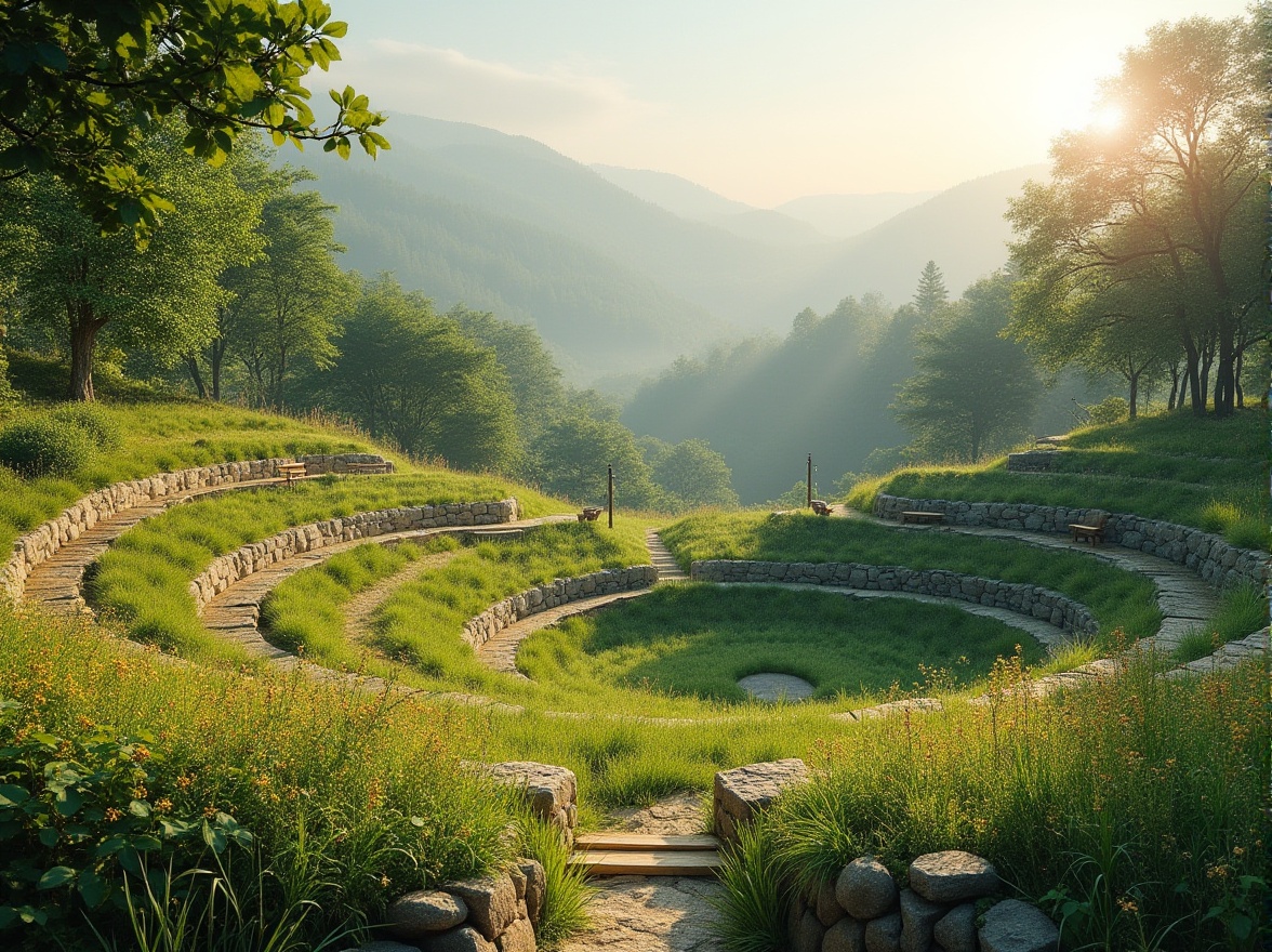 Prompt: Natural amphitheater design, integrating grassland, rolling hills, green pastures, wildflowers in bloom, gentle slope seating area, wooden benches, rustic stone walls, meandering pathways, scenic overlooks, sunny afternoon, warm soft lighting, panoramic view, atmospheric mist, distant forest backdrop, serene ambiance.