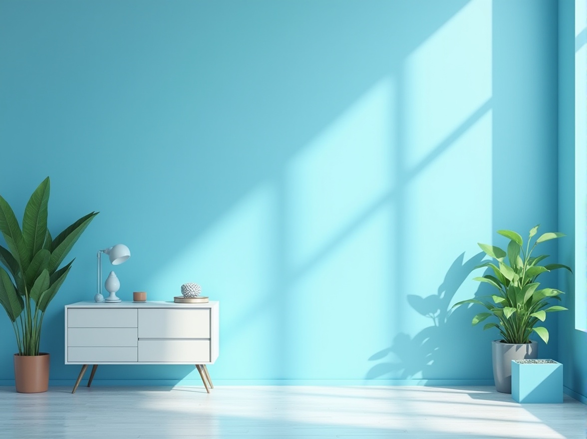 Prompt: Sky blue background, vibrant atmosphere, modern minimalist design, solo decorative element, geometric shape, subtle gradient effect, bright accent wall, furniture with sleek metal legs, potted plants with lush green leaves, warm natural lighting, 3/4 composition, cinematic depth of field, shallow focus, calm and soothing mood, Scandinavian interior style, elegant simplicity.