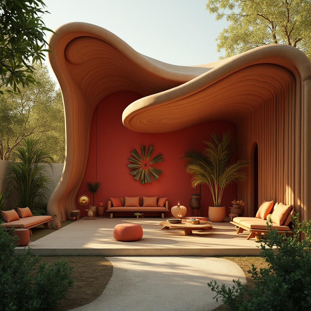 Prompt: Organic architecture, modern building, vibrant red accent wall, curved lines, wavy roof, greenery surroundings, natural light pouring in, warm ambiance, cozy atmosphere, earthy tone, wooden furniture, plant decorations, abstract sculptures, dynamic composition, 3/4 view, shallow depth of field, cinematic lighting, sunset hour, golden hour, soft focus.