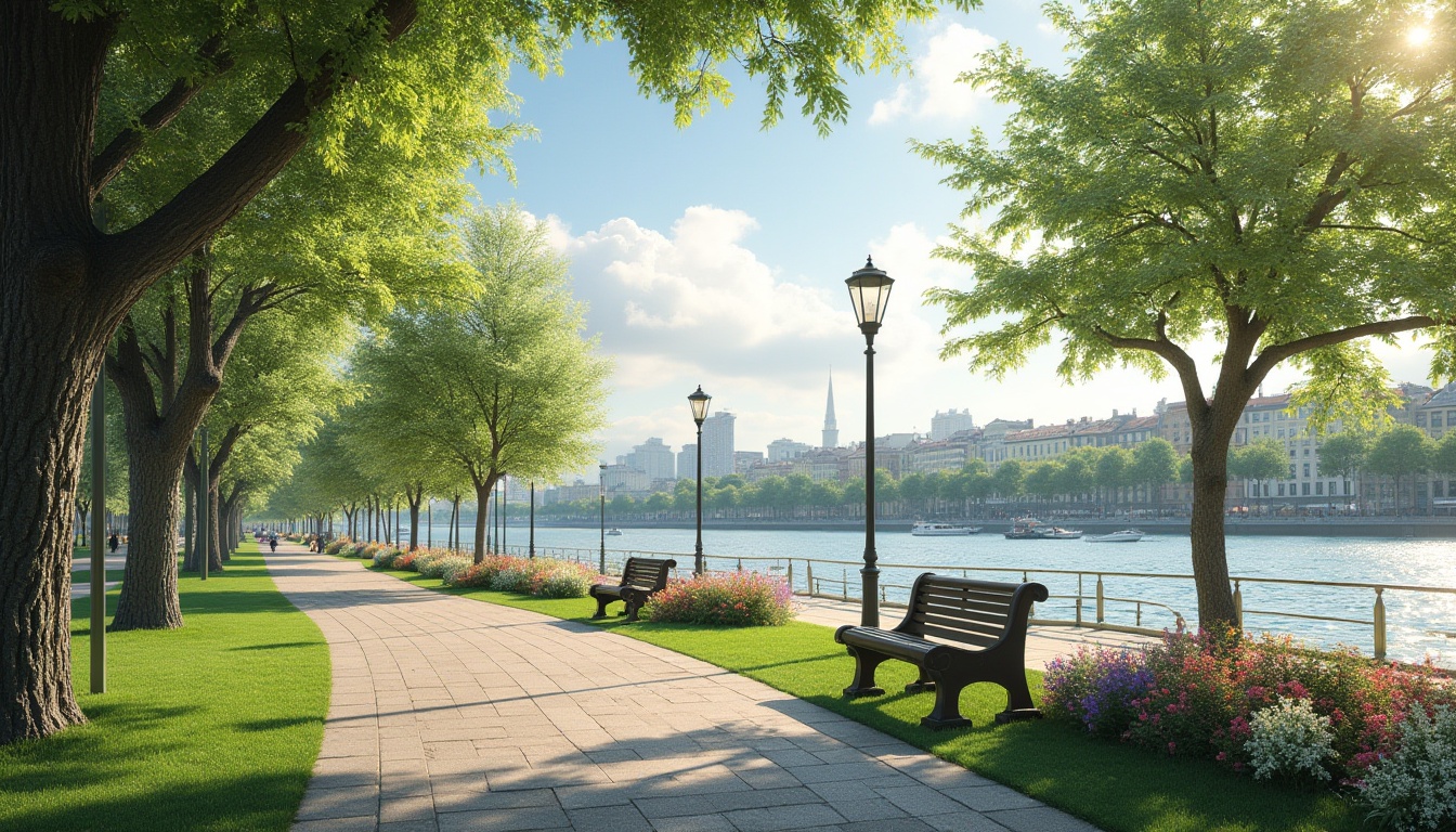 Prompt: Riverbank location, urban planning, cityscape, green space, walking path, benches, lampposts, riverside promenade, trees lining, blooming flowers, sunny afternoon, gentle breeze, soft natural light, panoramic view, 3/4 composition, vibrant colors, realistic textures, ambient occlusion.