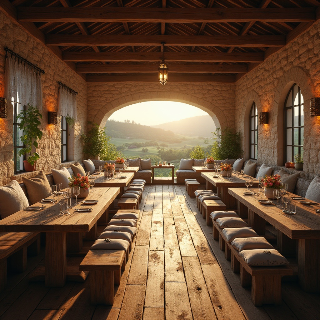 Prompt: Rustic dining hall, rural aesthetic, wooden tables, benches with pillows, vintage lanterns, stone walls, exposed beams, floral patterns, lace curtains, natural light, warm color palette, farm-style decorations, potted plants, distressed wood, earthy tones, cozy atmosphere, countryside view, rolling hills, sunset glow, soft focus, shallow depth of field, warm lighting, inviting composition.