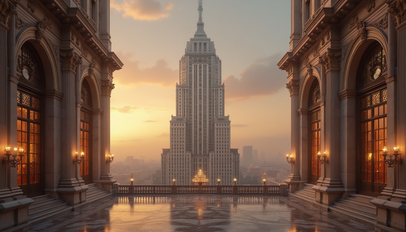 Prompt: Neoclassical skyscraper, grandiose, majestic, symmetrical facade, ornate details, marble columns, arched windows, intricately carved stonework, golden accents, luxurious lobby, high ceilings, crystal chandeliers, elegant lines, subtle lighting, cityscape, metropolitan, urban jungle, misty morning, warm sunset, cinematic composition, atmospheric perspective, realistic textures, detailed reflections.