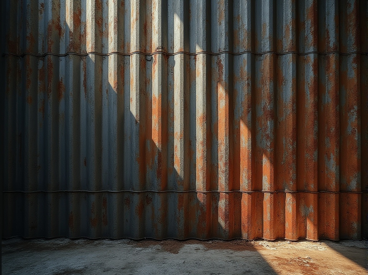 Prompt: Industrial chic, modern design, corrugated iron, weathered rusty texture, metallic sheen, distressed finish, urban landscape, cityscape, contemporary architecture, brutalist style, abstract composition, low-angle shot, dramatic lighting, bold shadows, high-contrast image, edgy atmosphere, 3/4 composition, panoramic view, cinematic mood.