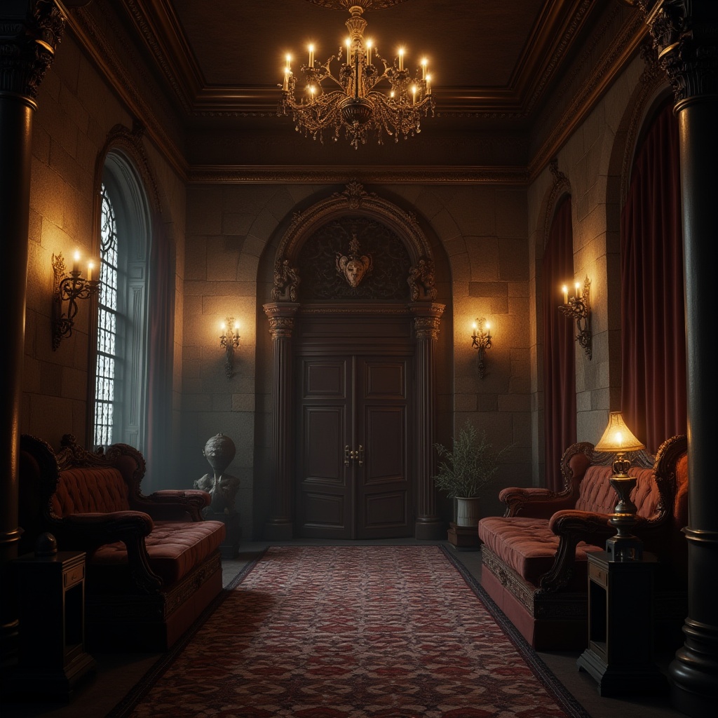 Prompt: Luxurious interior, Gothic elegance, high ceiling, grand chandelier, ornate wood carvings, stone walls, stained glass windows, velvet drapes, intricate patterns, mysterious ambiance, dim warm lighting, luxurious furniture, antique vase, mysterious ancient artifacts, secret passages, hidden rooms, dramatic shadows, cinematic composition, 3/4 view, soft focus, moody color tone.