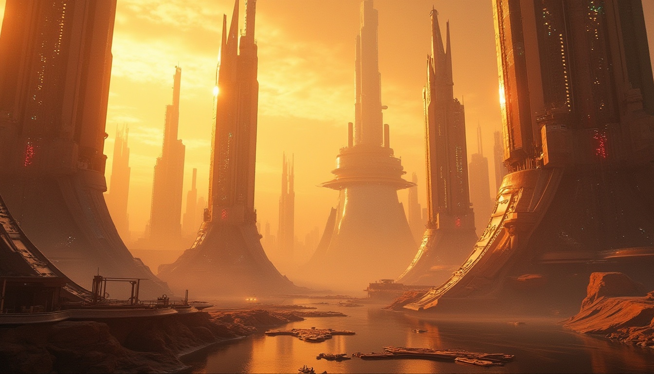 Prompt: Futuristic architecture, Sienna color tone, warm golden light, sleek metallic surfaces, angular geometric shapes, vibrant neon lines, holographic advertisements, towering skyscrapers, bustling metropolitan cityscape, distant spacecraft landing pads, misty atmospheric effects, soft focus on foreground elements, cinematic composition, 3/4 view angle, low-angle shot, dynamic lighting with subtle shadows.