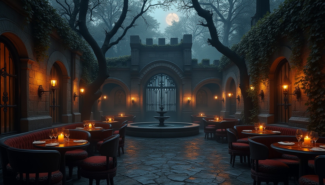 Prompt: Gothic restaurant, outdoor spaces, mysterious atmosphere, dark stone walls, twisted vines crawling up, ornate iron gates, grand fountain, misty ambiance, dim lanterns, candles on tables, wooden benches with intricate carvings, red velvet cushions, mysterious shadows, evening sky, moonlight casting eerie silhouettes, old trees surrounding the area, fog rolling in, mystical, eerie lighting, high contrast, warm color tone.