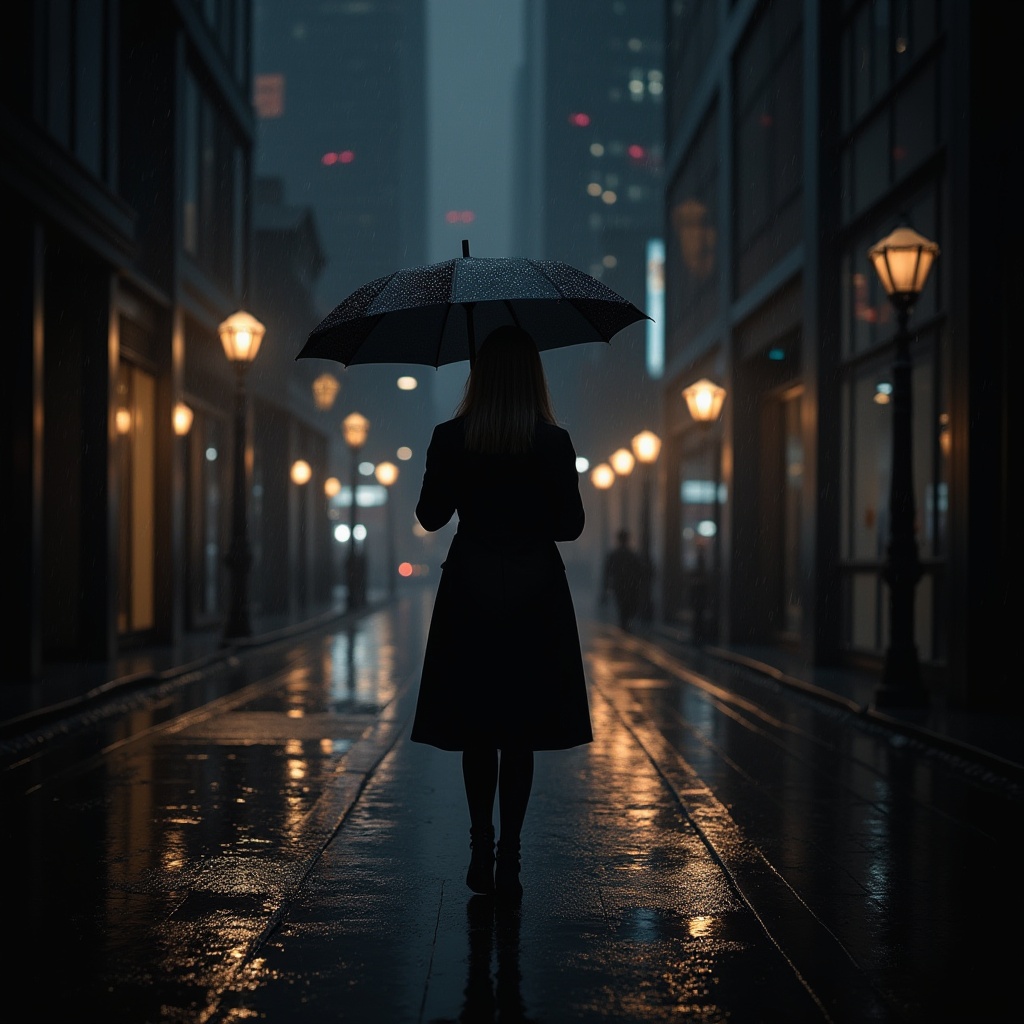 Prompt: Dark themed design, mysterious atmosphere, black background, dramatic shadows, golden accents, luxurious feel, high-end products, sleek lines, modern architecture, cityscape at night, neon lights reflecting off glass surfaces, rainy streets, puddles mirroring skyscrapers, solitary figure in black coat, umbrella, sophisticated hairstyle, bold makeup, confident stride.