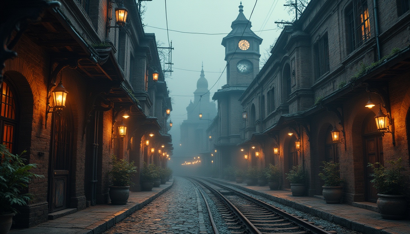 Prompt: Industrial area, Renaissance style adaptation, grandiose architecture, intricate stone carvings, ornate iron gates, majestic clock towers, vintage steam engines, worn brick walls, rusted metal pipes, old-fashioned lanterns, dim warm lighting, foggy atmosphere, dramatic low-angle shot, cinematic composition, shallow depth of field, historic feel, aged texture, rough stone pavement, rusty rail tracks, abandoned factories, overgrown vegetation.