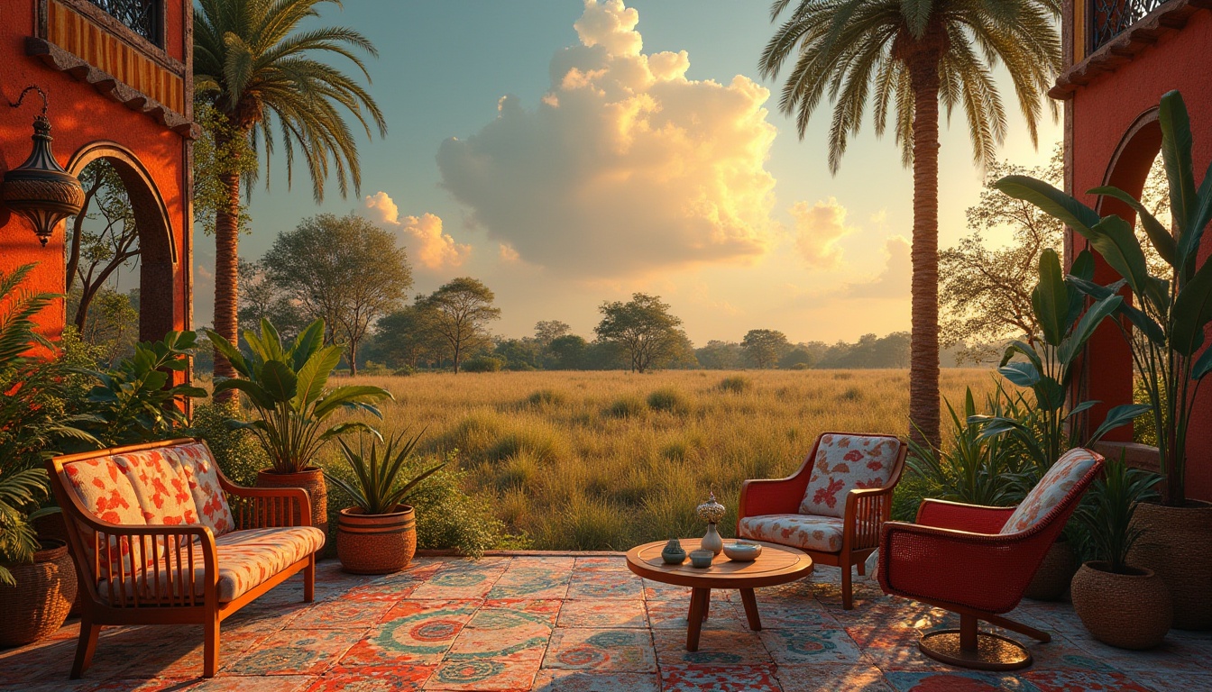 Prompt: Savannah landscape, eclectic design, vibrant colors, African-inspired patterns, mixed textures, wooden accents, woven baskets, colorful ceramics, Moroccan tiles, lush greenery, tall palm trees, acacia trees, sun-kissed grasslands, warm golden lighting, dramatic clouds, cinematic composition, wide-angle shot, 3/4 view, shallow depth of field, rustic yet modern, earthy tone, bohemian vibe.