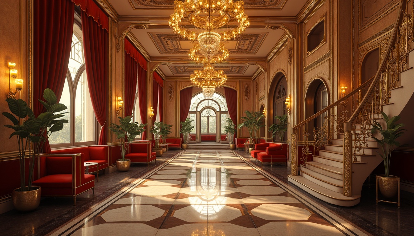 Prompt: Art Deco interior design, luxurious ambiance, ornate plaster material, geometric patterns, metallic accents, elegant curves, high ceilings, lavish chandeliers, grand staircase, opulent furnishings, velvet drapes, marble flooring, rich textures, 1920s vintage style, Gatsby-inspired, sophisticated lighting, warm colors, close-up shot, detailed renderings, realistic reflections, ornate details, intricate carvings, majestic atmosphere.