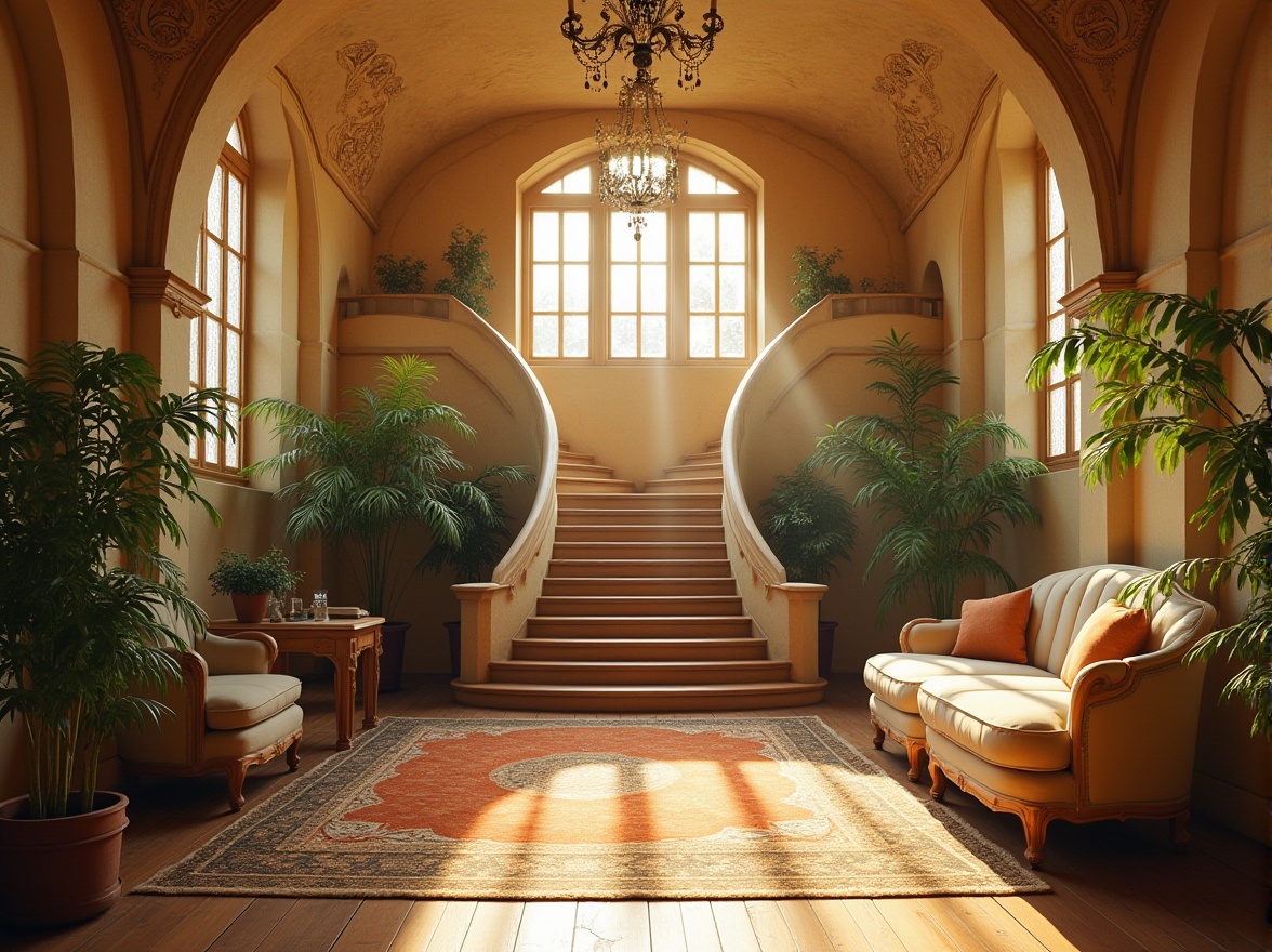 Prompt: Art Nouveau student halls, grand staircase, ornate railings, sandstone walls, intricate carvings, curved lines, flowing shapes, warm golden lighting, ornate chandeliers, high ceilings, tall windows, lush greenery, potted plants, elegant furniture, soft cushions, wooden floors, vintage rugs, cozy atmosphere, warm beige tones, subtle textures, morning sunlight, soft shadows.