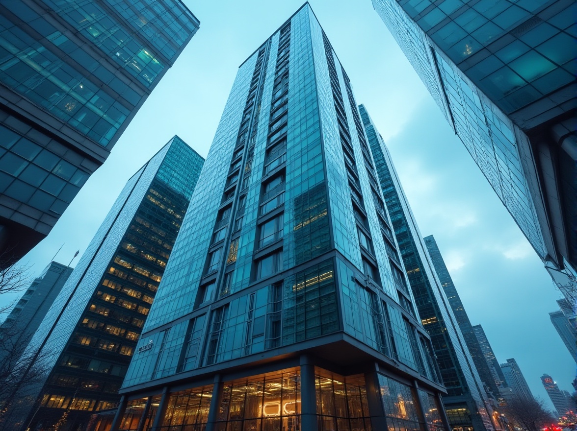 Prompt: Modern skyscraper, urban cityscape, reflective glass facade, colored glass accents, gradient blue-green glass panels, sleek metal frames, intricate structural details, dramatic evening lighting, city lights reflection on glass, clouds and sky visible through glass, 3/4 composition, low-angle shot, cinematic atmosphere, futuristic feel.