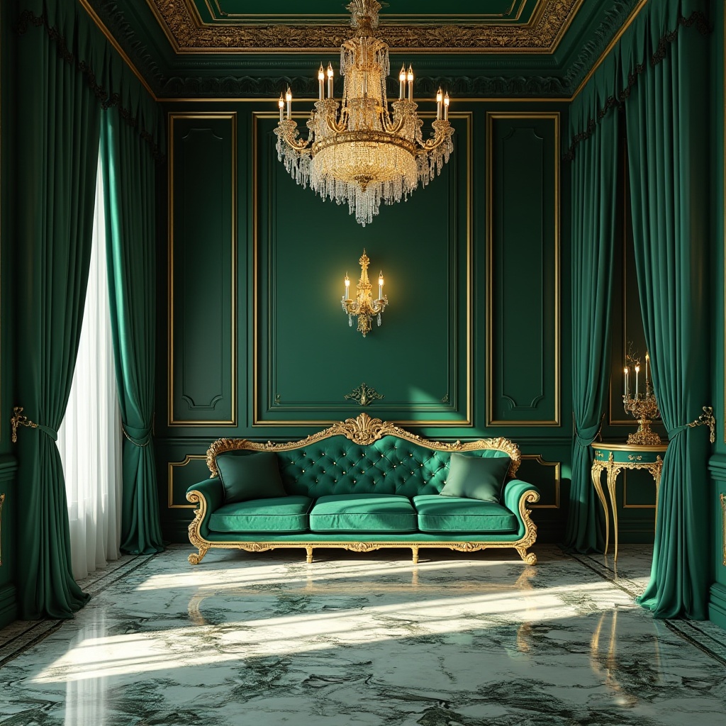 Prompt: Luxury interior design, Malachite green, elegant, sophisticated, ornate gold accents, marble flooring, high ceiling, crystal chandelier, velvet sofa, intricately carved wooden furniture, lavish curtains, subtle sheen, warm soft lighting, afternoon sunbeam, shallow depth of field, cinematic composition.