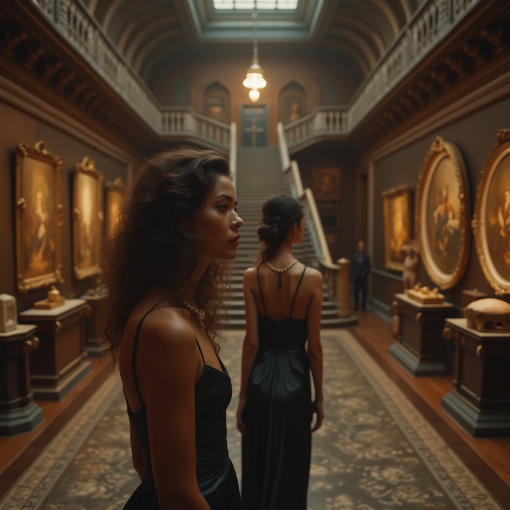 Prompt: Museum-like interior, grand staircase, ornate architecture, marble floors, high ceilings, dimmed warm lighting, ancient artifacts on display, mysterious ambiance, old masterpieces on walls, intricate frames, solemn atmosphere, mature lady, long curly brown hair, elegant makeup, pearl necklace, formal evening dress, gloves, heels, standing, observing art, soft focus background, cinematic composition, 3/4 view, natural light, warm color palette.