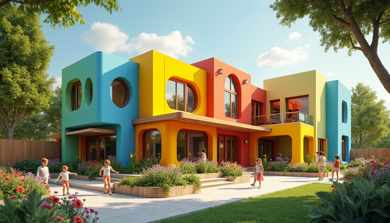 Prompt: Colorful kindergarten building, fusion architecture style, vibrant exterior walls, playful geometric shapes, bright yellow, blue, red, green, curved lines, irregular forms, large windows, natural light, wooden accents, cozy atmosphere, lush greenery, flower beds, trees surrounding, children playing outside, joyful laughter, warm sunny day, soft focus, shallow depth of field, whimsical composition.