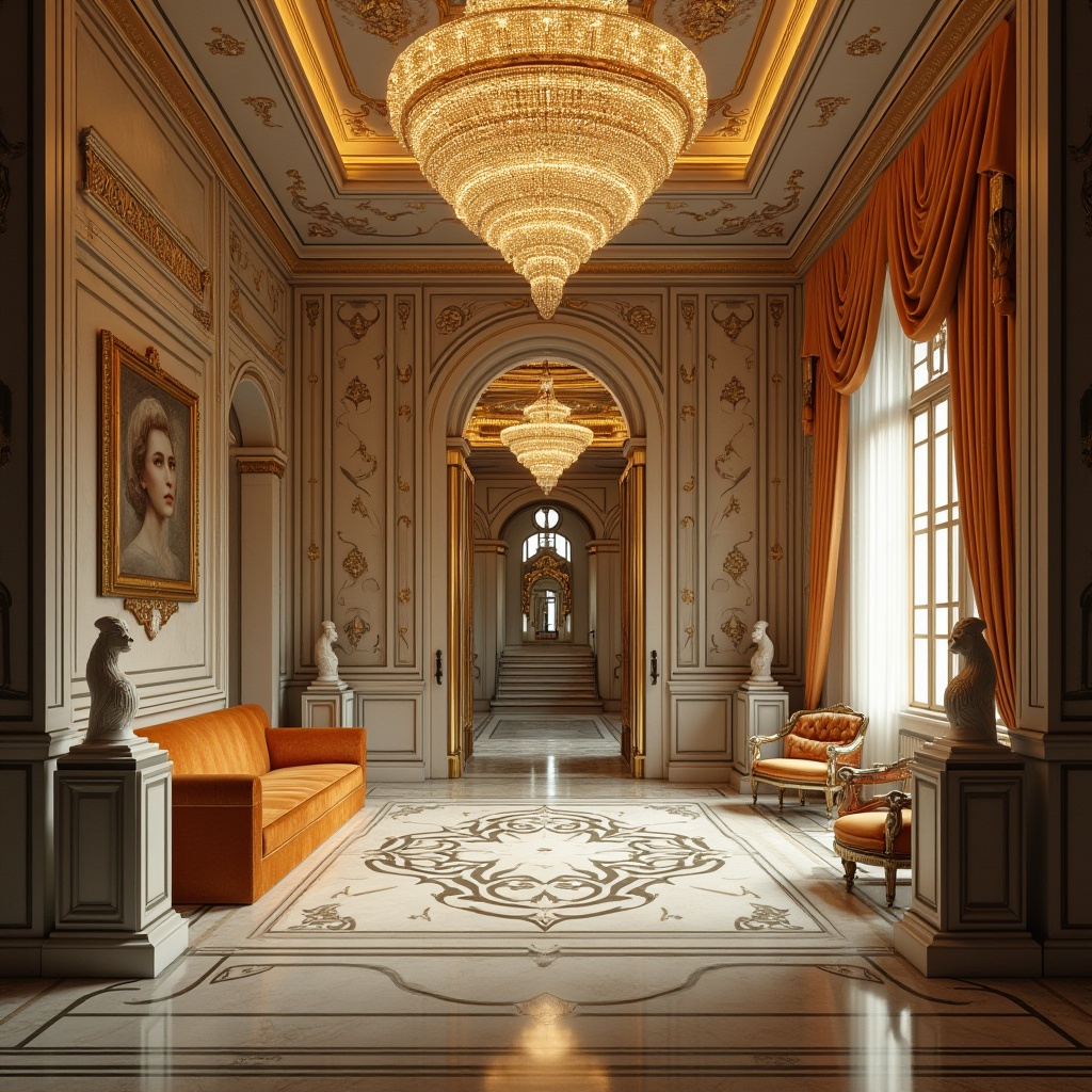 Prompt: Art Deco style, luxurious interior, ornate plaster material, geometric patterns, metallic accents, 1920s vibe, grand chandelier, marble floor, velvet curtains, lavish furniture, sculptures, intricate moldings, high ceiling, ornate columns, golden lighting, shallow depth of field, cinematic composition, warm color palette, detailed textures.