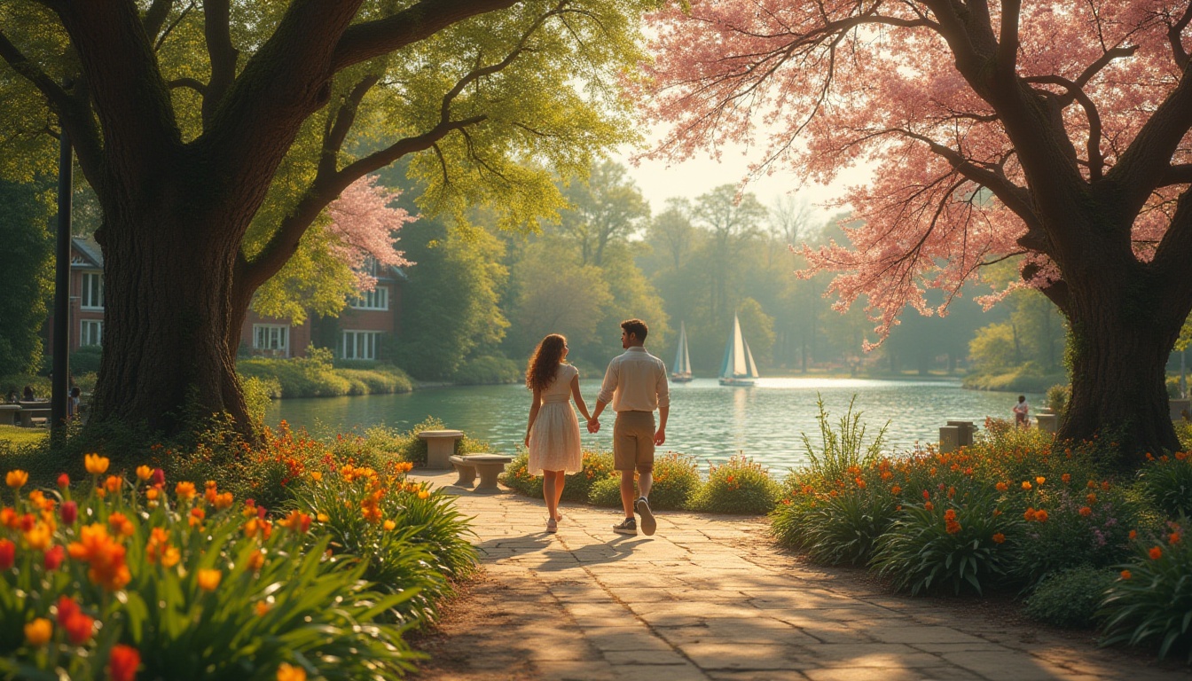 Prompt: Romantic campus scene, surrounded by lush greenery, vibrant flowers, ivy-covered buildings, majestic trees with twisted branches, gentle sunlight filtering through leaves, warm atmosphere, beautiful couple walking hand in hand, girl with curly brown hair, bright smile, elegant white dress, boy with stylish black hair, charming smile, casual wear, embracing, gazing into each other's eyes, peaceful lake in the background, sailboats drifting slowly, soft ripples on the water surface, natural stone benches, winding path, blooming cherry blossoms, soft focus, warm lighting, cinematic composition.