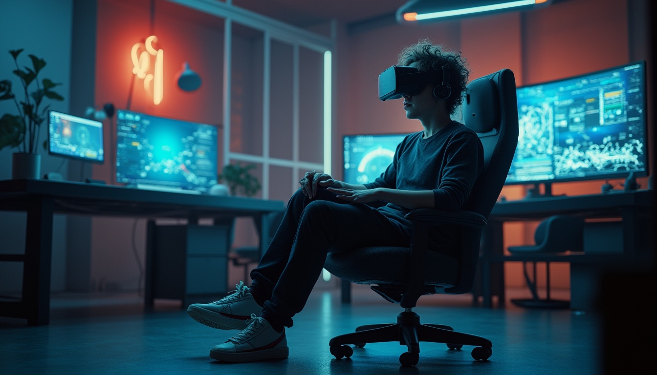 Prompt: Futuristic design studio, virtual reality headset, designer sitting in a ergonomic chair, messy hair, black-framed glasses, casual wear, sneakers, surrounded by futuristic gadgets, holographic screens, neon lights, dark background, low-key ambient lighting, 3/4 composition, cinematic mood, shallow depth of field, modern architecture, sleek lines, minimalist decor, warm color palette, subtle gradient effects.