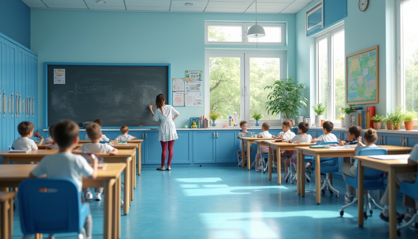 Prompt: Modern educational space, bright blue accent walls, whiteboards, wooden desks, ergonomic chairs, blue-painted lockers, soft blue carpet, natural light pouring in through large windows, calm atmosphere, students (10-12 years old) sitting and learning, teacher standing and teaching, black chalkboard with blue frame, colorful educational posters, shelves filled with books, blue-padded stools, green plants on tables, warm and inviting ambiance, 3/4 composition, soft focus on students.