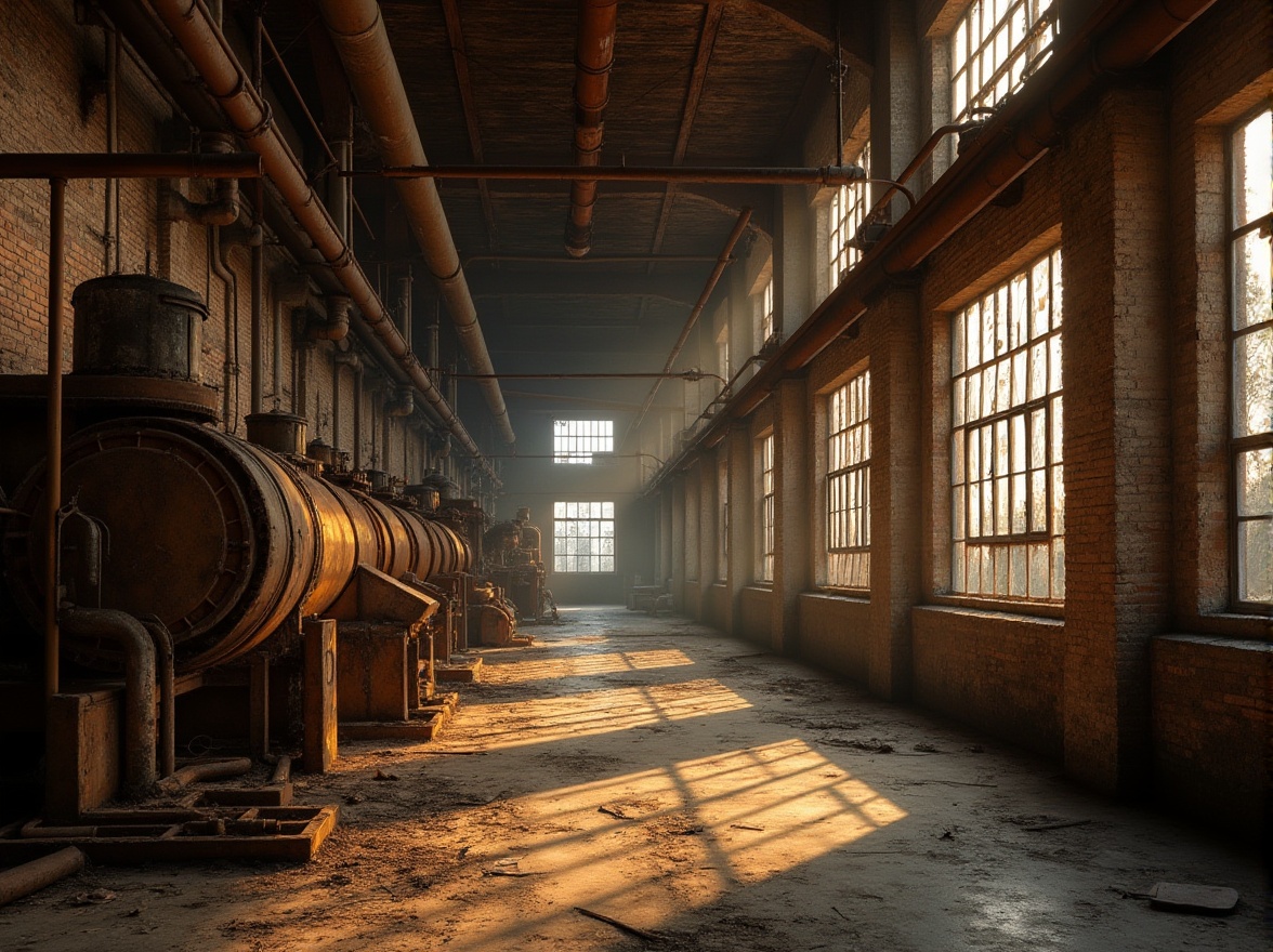 Prompt: Warm wheat color, industrial backdrop, abandoned factory, rusty pipes, old machinery, worn-out conveyor belts, distressed brick walls, large windows with broken panes, dim natural light, soft focus, warm ambient lighting, low-angle shot, urban exploration, post-apocalyptic atmosphere, rugged texture, rough concrete floor, metallic reflections, industrial decay, nostalgic mood.