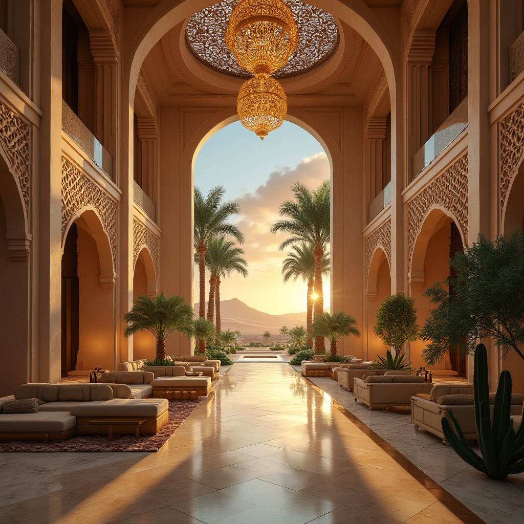 Prompt: Desert hotel, luxury, modern Arabic architecture, intricate stone carvings, grand entrance, high ceiling, spacious lobby, Middle Eastern patterns, golden chandeliers, lavish furnishings, regional colors, beige, sandy, turquoise, palm trees, cacti, oasis, sun-kissed courtyard, warm lighting, ambient atmosphere, 3/4 composition, shallow depth of field, cinematic mood, sunset, dramatic clouds, vast desert landscape, distant sand dunes.