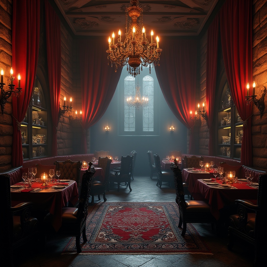 Prompt: Dark Gothic restaurant, luxurious velvet curtains, grand chandelier, mysterious candelabra, ornate wooden tables, carved throne-like chairs, crimson leather upholstery, black iron frames, intricately patterned rugs, mysterious ambiance, dim warm lighting, stone walls, medieval-inspired decorations, mysterious artifacts on shelves, foggy misty atmosphere.