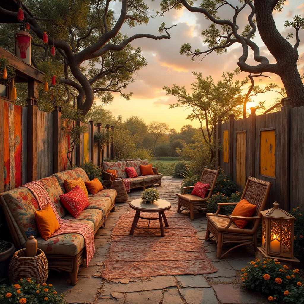 Prompt: Savannah landscape, eclectic style, warm sunset, vibrant colors, acacia trees with twisted branches, scattered wildflowers in yellow, orange, pink hues, worn wooden fences, distressed stone pathways, vintage African-inspired patterns on fabrics, colorful tassels, rattan furniture, woven baskets, natural materials, earthy tones, lanterns with intricate metalwork, soft warm lighting, dramatic clouds, 3/4 composition, panoramic view, cinematic atmosphere, depth of field, realistic rendering.