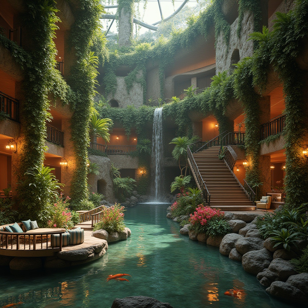 Prompt: Luxurious casino, tropical rainforest interior, natural stone walls, vines wrapping around columns, lush greenery, exotic flowers, water features, mini waterfall, Koi pond, wooden bridges, comfortable seating areas, ambient lighting, warm color palette, 3/4 composition, natural textures, realistic render.