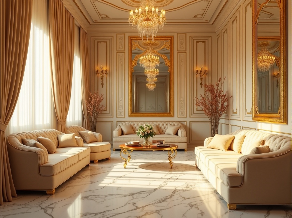 Prompt: Cream color, luxurious interior, Art Deco style, ornate mirrors, golden frames, velvet sofas, marble floors, crystal chandeliers, lavish drapes, intricate patterns, geometric shapes, 1920s ambiance, opulent atmosphere, warm lighting, soft focus, cinematic composition.