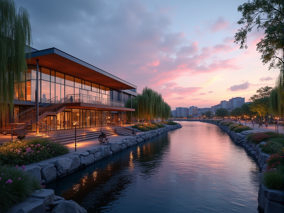 Prompt: Cultural center, riverside, modern architecture, glass facade, steel structure, wooden deck, staircase, river view, cityscape, urban planning, vibrant colors, evening lighting, sunset reflection, water ripples, weeping willows, blooming wildflowers, walking path, benches, streetlamps, people strolling, relaxing atmosphere, panoramic view, 3/4 composition, soft ambient light, cinematic mood.