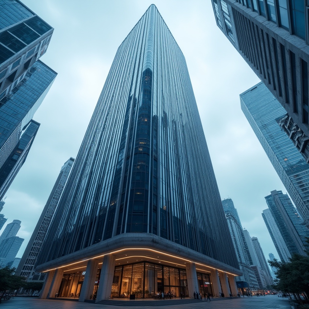 Prompt: Navy blue skyscraper, modern architecture, bold design, sleek lines, reflective glass, silver accents, cityscape, urban jungle, cloudy sky, dramatic lighting, low-angle shot, strong geometric shapes, concrete foundation, steel beams, grand entrance, luxurious lobby, marble floors, futuristic elevators, panoramic view, bird's eye view, cinematic composition.