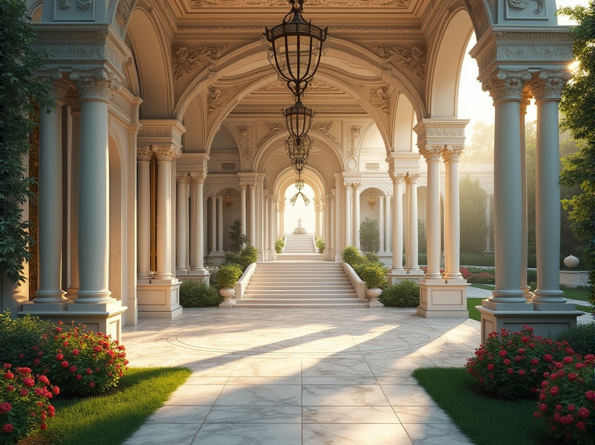 Prompt: Grandiose pavilion, Renaissance style, ornate details, white marble columns, intricately carved stone walls, majestic entrance, sweeping staircase, luxurious chandeliers, velvet drapes, golden accents, subtle lighting, afternoon sun, warm ambiance, serene atmosphere, lush greenery, perfectly manicured lawns, vibrant flowers, peaceful fountain, soft mist, cinematic composition, high angle shot, depth of field.