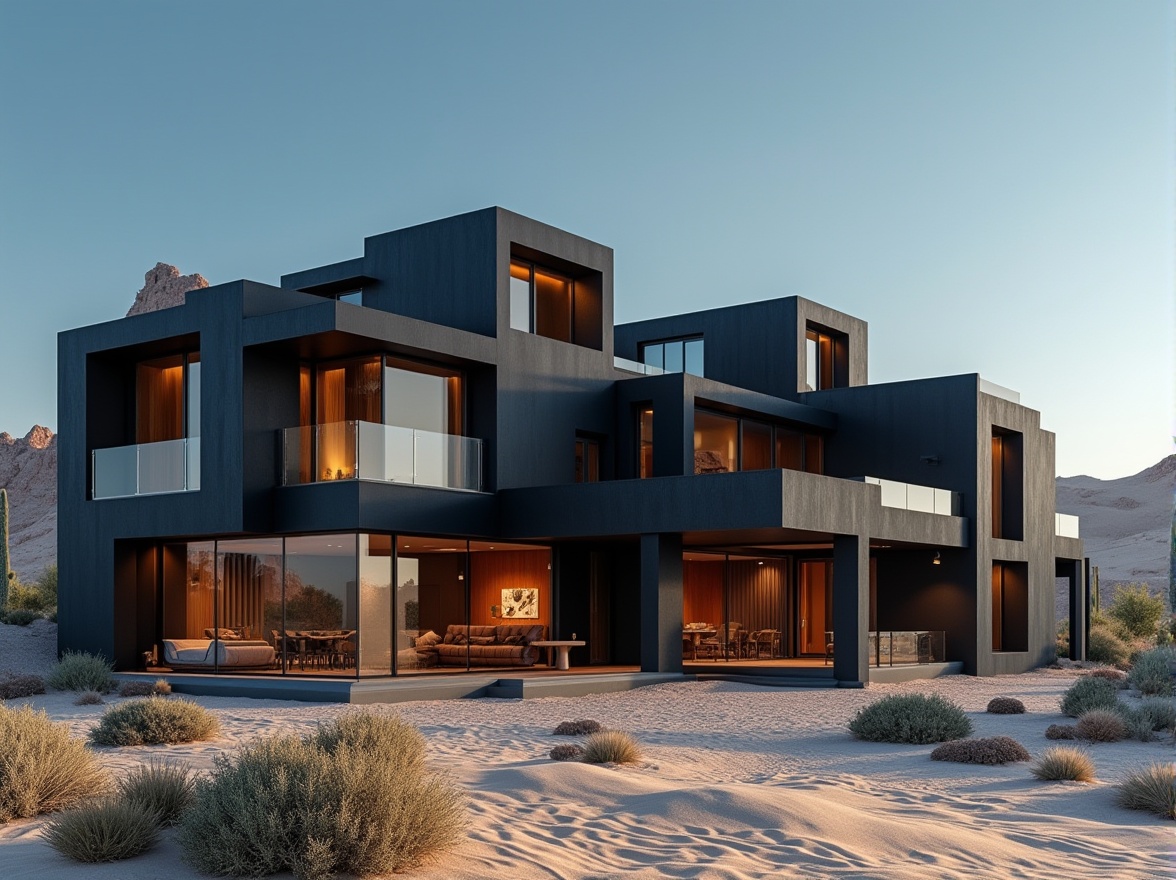 Prompt: Desert hotel, bold architecture, black color palette, modern exterior, sleek lines, geometric shapes, metallic accents, large windows, panoramic view, cactus plants, sandy dunes, clear blue sky, dramatic shadows, low angle shot, cinematic composition, warm ambient lighting.