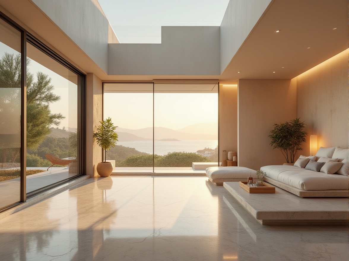 Prompt: Lavacrete, modern architecture, luxurious villa, sleek lines, minimalist decor, floor-to-ceiling windows, sliding glass doors, cream-colored walls, polished marble floors, lavish furnishings, ambient lighting, afternoon sunbeams, 3/4 composition, low-angle shot, cinematic feel, warm color tone.