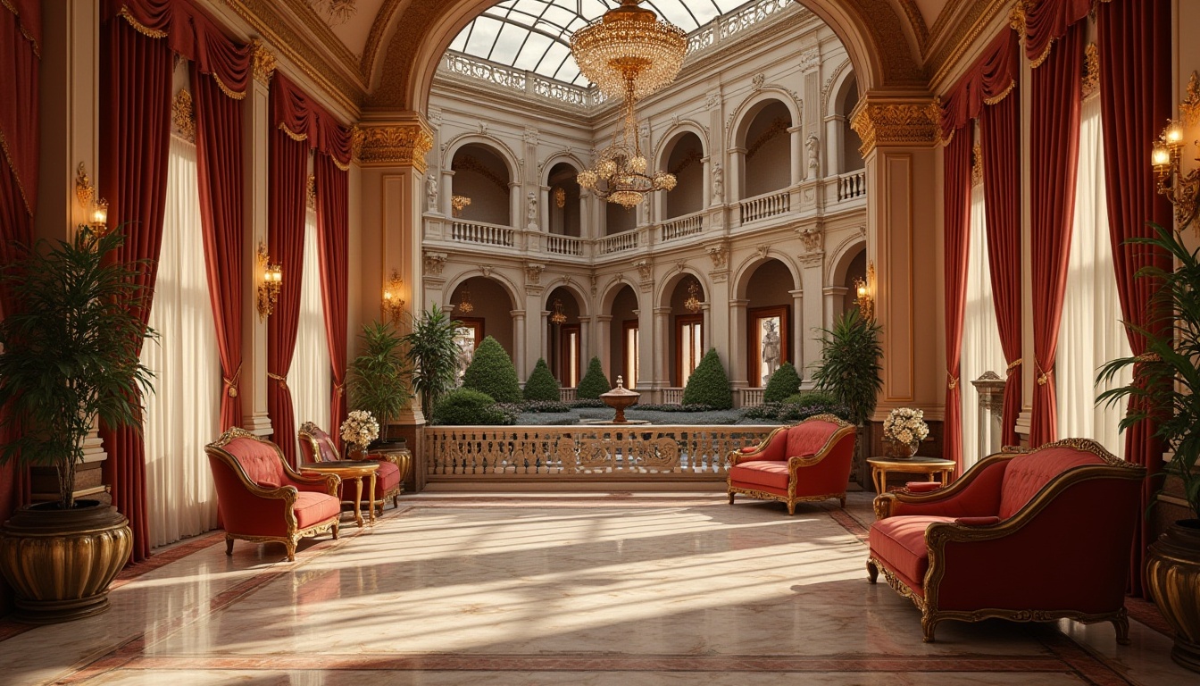 Prompt: Grand luxurious hotel, Renaissance style, ornate decorations, golden accents, marble floors, high ceilings, crystal chandeliers, intricately carved wooden furniture, red velvet drapes, lavish furnishings, opulent atmosphere, warm lighting, soft focus, 3/4 composition, European-inspired courtyard, manicured gardens, fountain, statues, Baroque-style archways, Tuscan columns, richly textured stone walls, ornate balustrades, grand staircases.