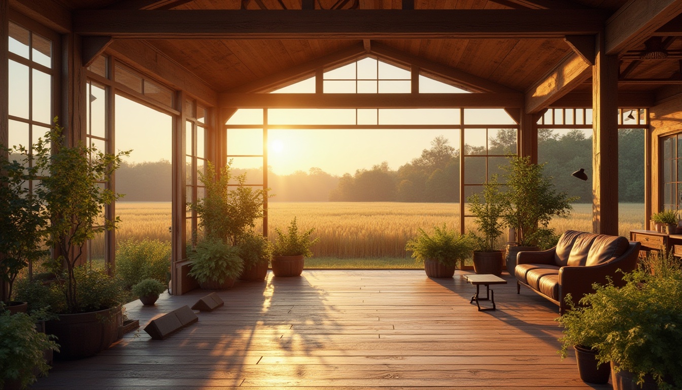 Prompt: Integrating farmland into design, modern farmhouse, spacious interior, large windows, natural lighting, wooden beams, rustic texture, vintage furniture, greenery, potted plants, country-style decorations, wheat fields, sunset background, warm golden light, soft focus, shallow depth of field, peaceful atmosphere, cinematic composition.