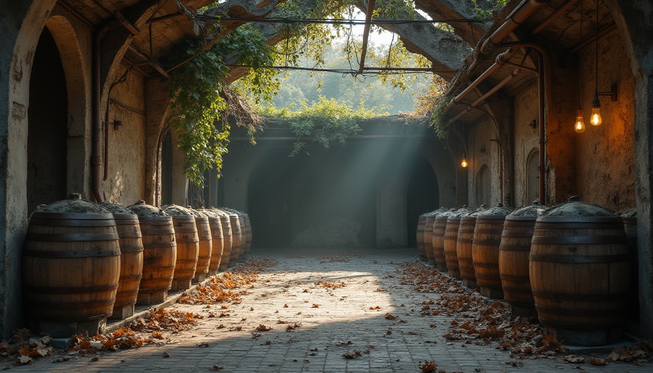 Prompt: Deconstructed winery, modern architecture, broken concrete walls, rusty metal beams, vines crawling up cracked stone, old wooden barrels scattered, wine glasses shattered on floor, dim warm lighting, sunken floor, industrial pipes exposed, worn brick pavement, autumn leaves scattered, misty morning atmosphere, soft focus, cinematic composition, low-angle shot, symmetrical framing.