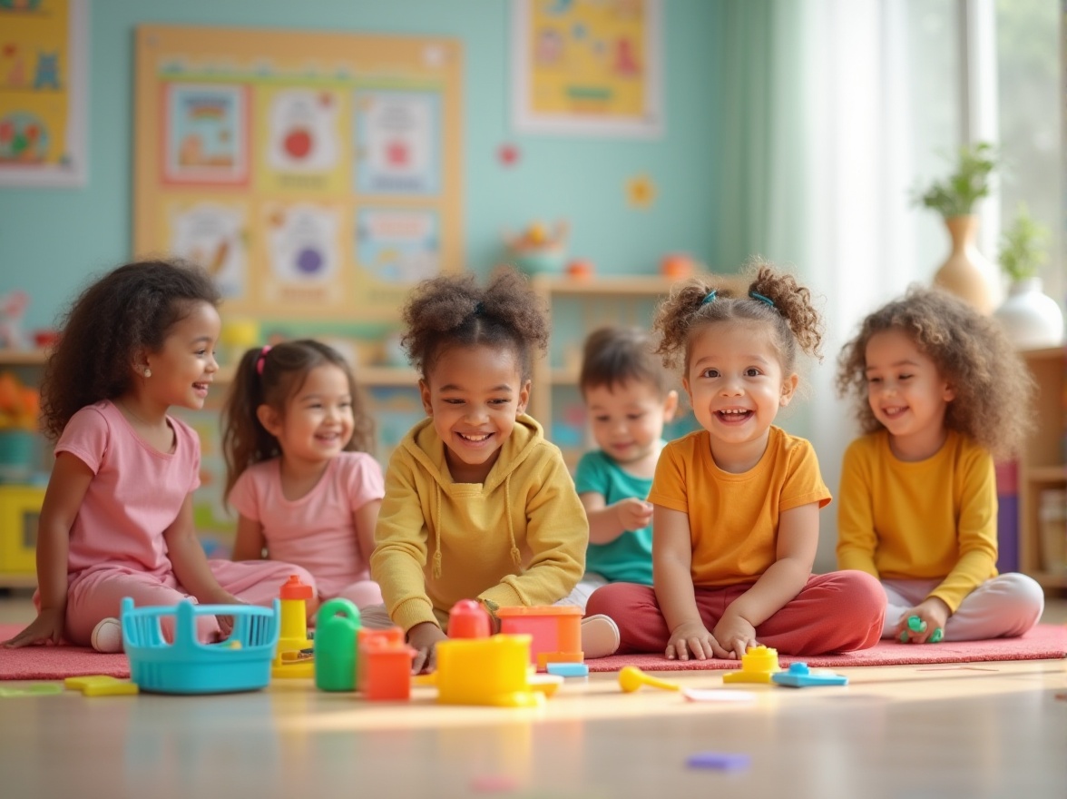 Prompt: Colorful kindergarten setting, bright artificial lighting, plastic toys and utensils scattered around, a group of happy children playing together, 4-5 years old, diverse skin tones, curly hair, bright colorful clothing, cartoon character decorations on walls, plastic building blocks, shape-sorting toys, soft-play climbing structure with primary color cushions, educational posters, rounded plastic tables and chairs, soft flooring, warm atmosphere, gentle composition, soft focus, pastel colors, shallow depth of field.