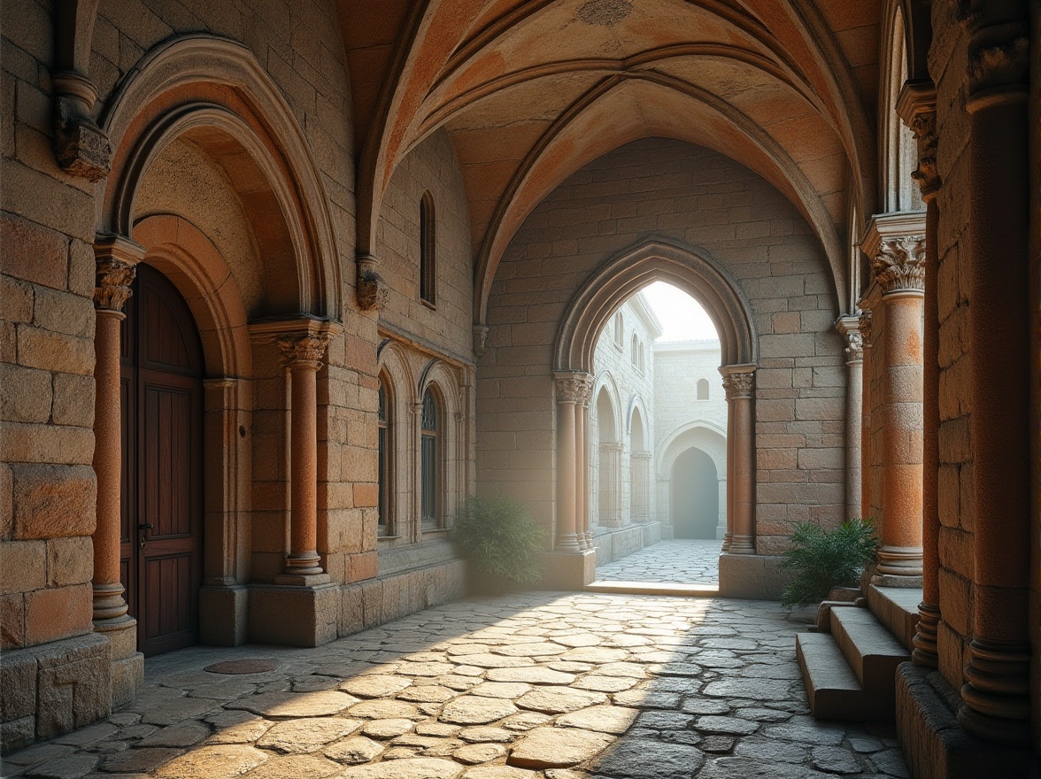 Prompt: Romanesque architecture, stone wall, rough-hewn stones, weathered exterior, ornate carvings, arches, columns, grand entrance, stone flooring, rustic texture, earthy tones, natural light, warm ambiance, historic feel, medieval atmosphere, European setting, misty morning, soft focus, cinematic composition.