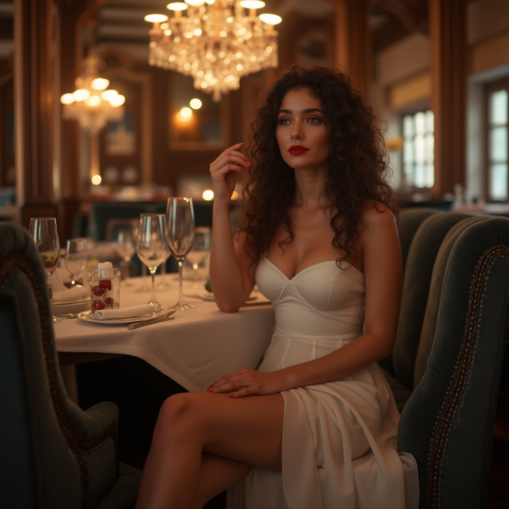 Prompt: Upscale restaurant, modern commercial district, urban atmosphere, elegant lady, 30yo, curly brown hair, red lipstick, white dress, high heels, fine dining, crystal chandelier, marble table, velvet couch, luxurious decor, soft jazz music, candlelight, evening ambiance, low-angle shot, shallow depth of field, warm color tone, cinematic composition.