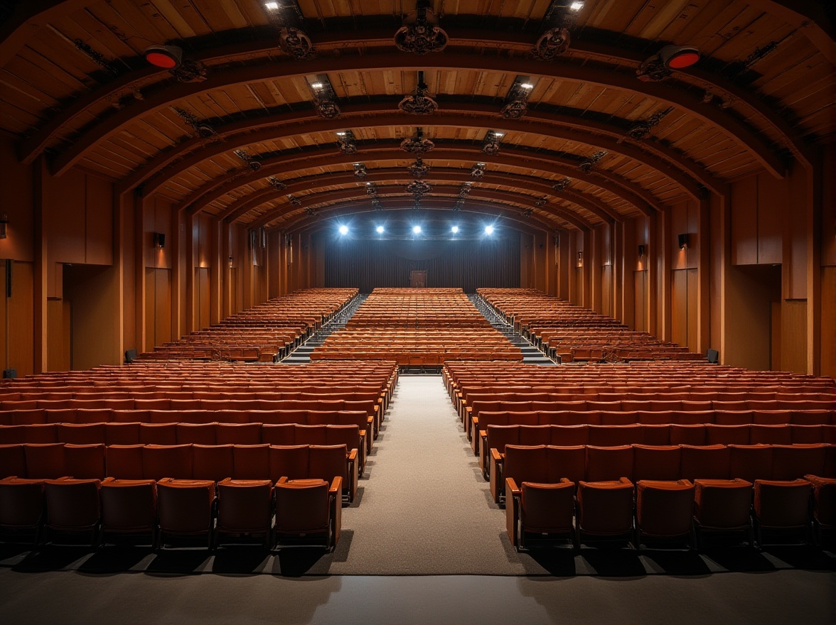 Prompt: Auditorium interior, corrugated iron ceiling, modern architecture, curved lines, industrial feel, warm lighting, wooden seats, row arrangement, central aisle, carpeted floor, acoustic panels, spotlights, soundproofing materials, urban setting, cityscape background, abstract shapes, geometric patterns, metallic texture, reflective surface, high contrast, dramatic composition.