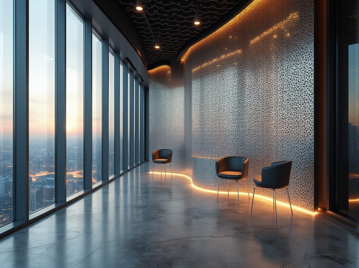 Prompt: Modern interior design, perforated metal wall decoration, silver-gray tone, geometric patterns, 3D texture, LED ambient lighting, luxurious atmosphere, high-rise building, cityscape view, floor-to-ceiling windows, minimalist furniture, sleek lines, polished concrete floor, industrial chic style, metallic sheen, abstract composition, low-angle shot, cinematic mood, deep depth of field.