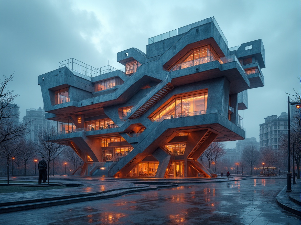 Prompt: School building, Metabolism architecture style, futuristic, complex structure, irregular shapes, dynamic lines, vibrant colors, glowing neon lights, metallic materials, sleek surfaces, angular windows, curved staircases, abstract sculptures, urban landscape, cityscape, cloudy sky, soft focus, cinematic composition, low-angle shot, dramatic lighting.