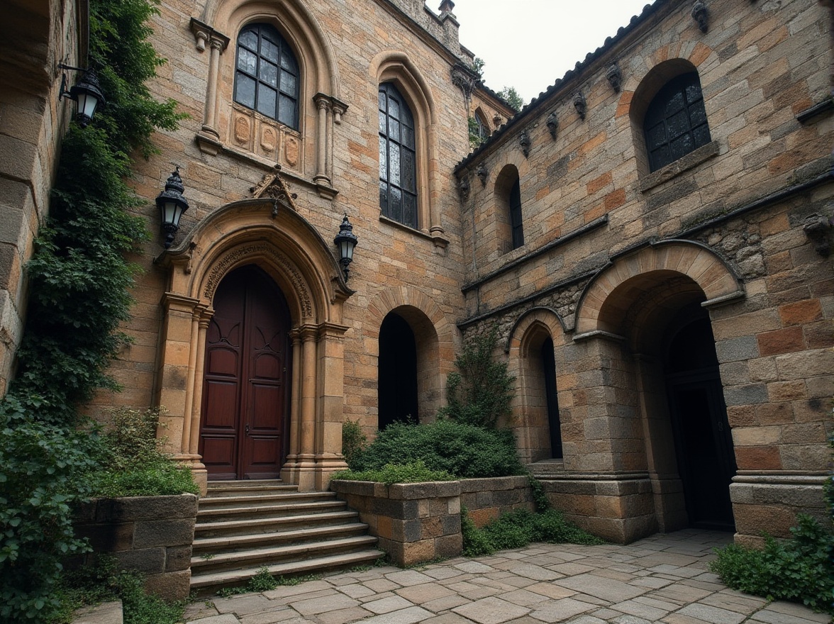 Prompt: Ancient Romanesque architecture, masonry materials, stone walls, rusticated blocks, ashlar stones, ornate carvings, Gothic arches, ribbed vaults, grand entrance, heavy doors, metal hardware, old lanterns, worn stone steps, weathered walls, ivy climbing, overcast skies, warm afternoon light, cinematic composition, high contrast, rich textures.