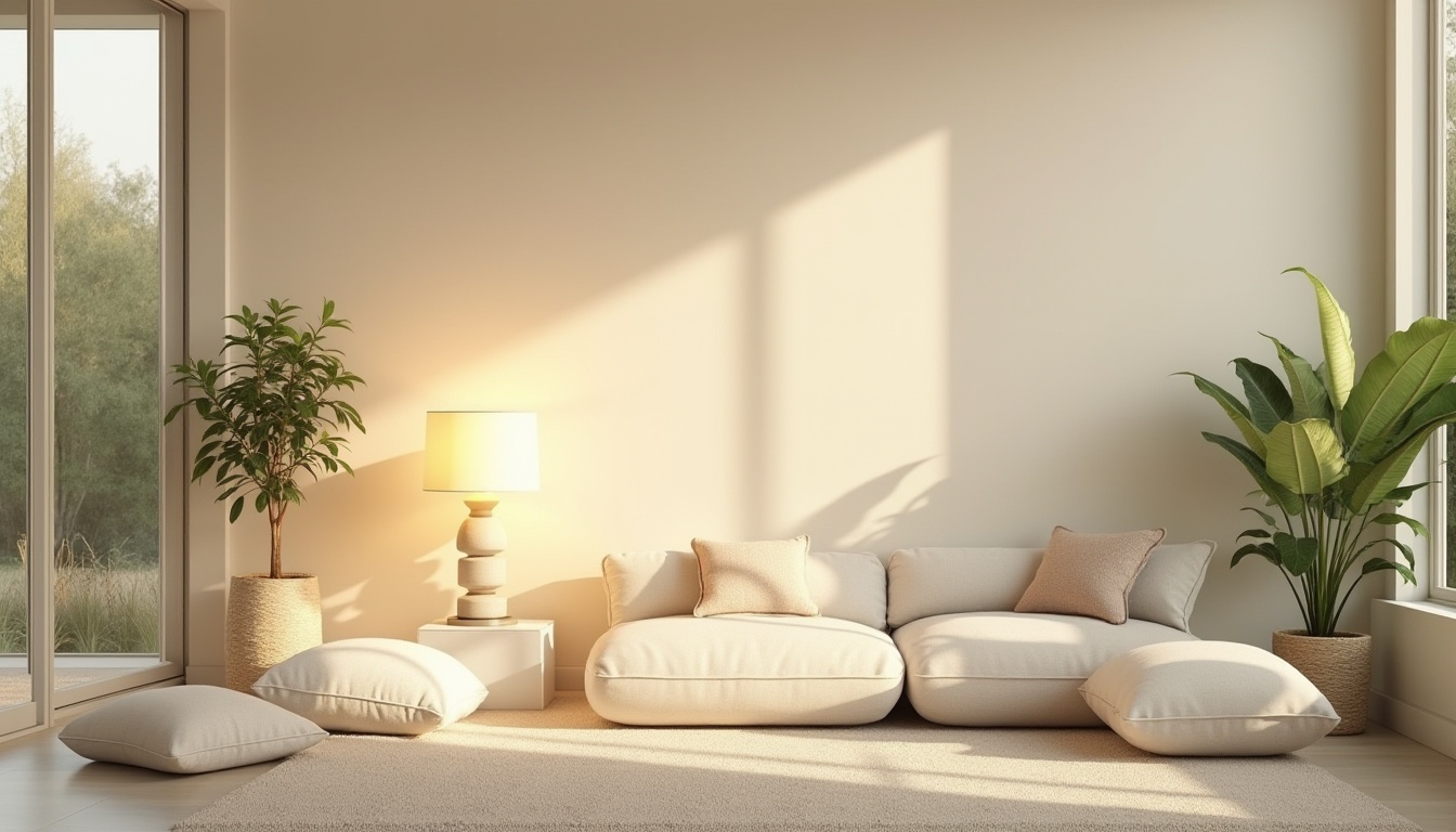 Prompt: cream color walls, soft glowing lamp, calming ambiance, minimalist interior, modern villa, large windows, natural light, white furniture, beige carpet, potted plants, gentle shadows, warm atmosphere, cozy reading nook, comfortable cushions, subtle texture, peaceful morning, warm lighting, 3/4 composition, shallow depth of field.