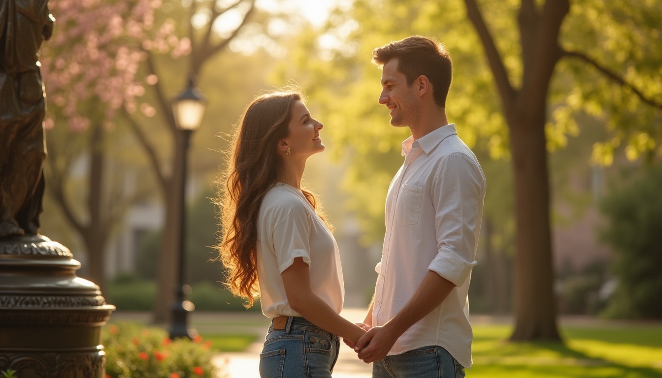 Prompt: Bronze statue, romantic campus scene, warm afternoon sunlight, gentle breeze, lush greenery, flowers blooming around, intricately designed bronze pedestal, ornate details, elegant lines, subtle texture, soft focus, shallow depth of field, warm color tone, cinematic composition, 3/4 view, character interaction, couple holding hands, sweet whispers, gentle smiles, youthful beauty, soft makeup, casual clothing, jeans and white shirt, natural hairstyle, joyful atmosphere, peaceful ambiance.